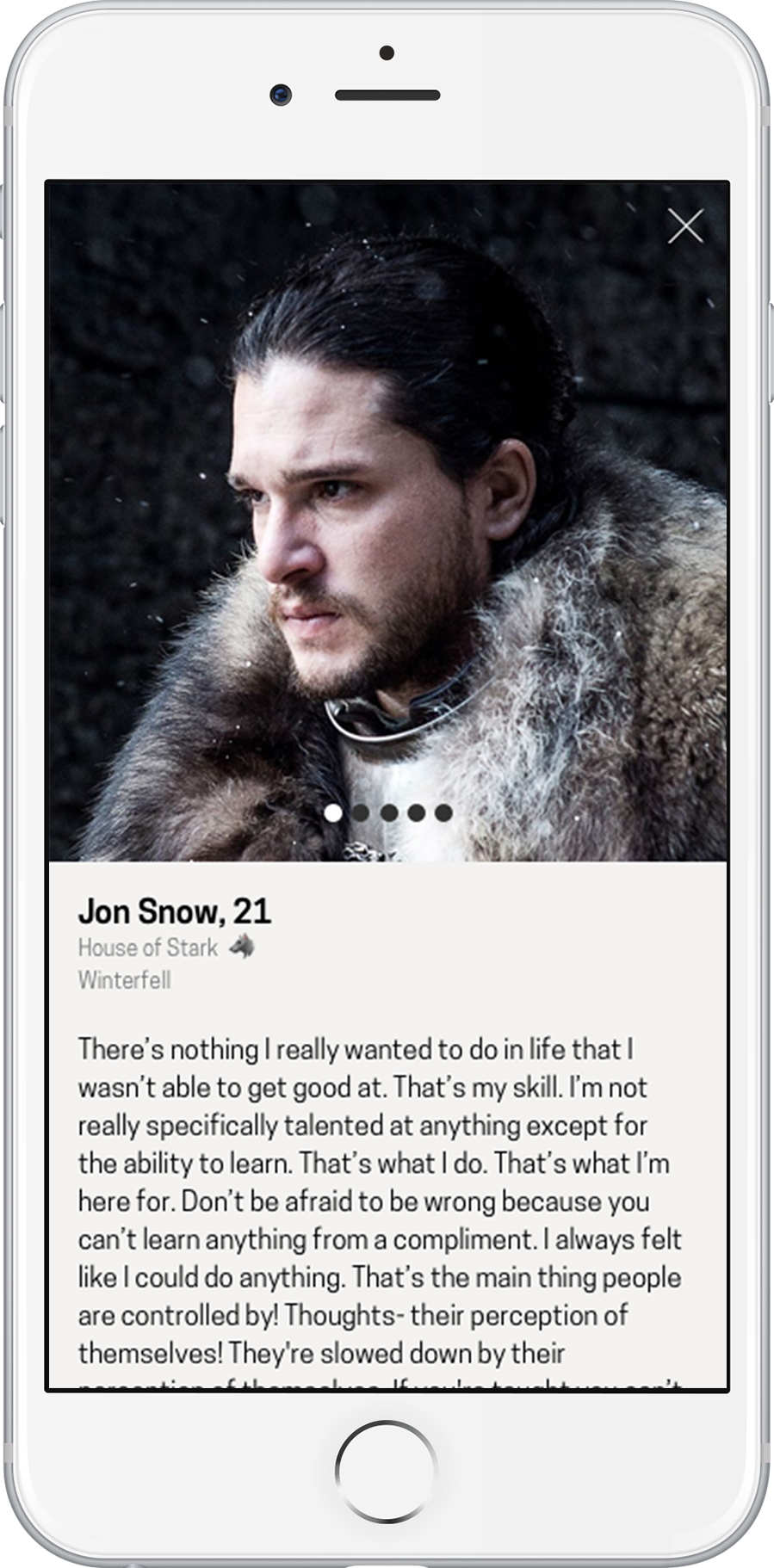 Jon Snow bio screen